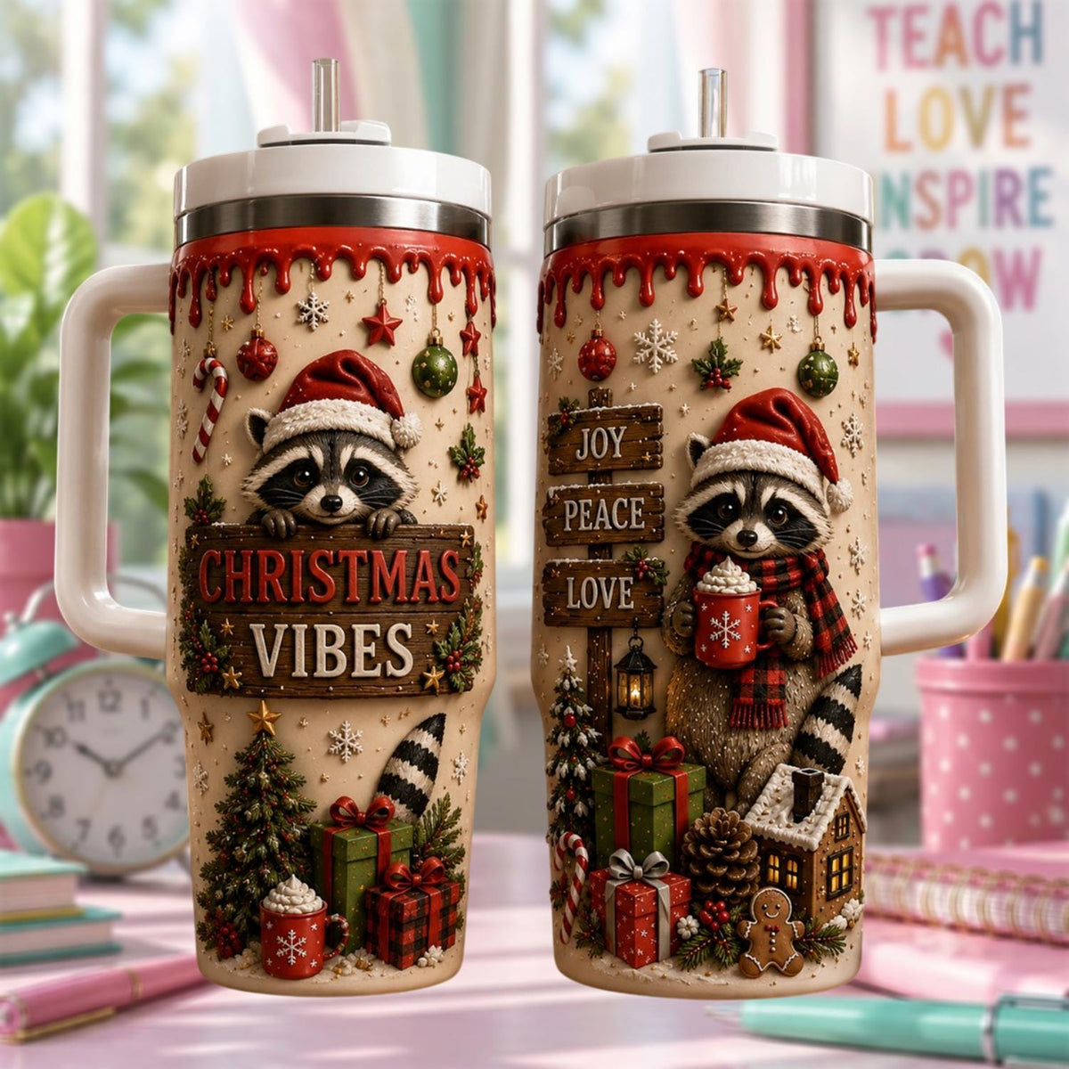 Personalized Christmas Raccoon Tumbler 40oz, Custom Name Cup With Handle, Cute Christmas Tumbler, Holiday Gift For Raccoon Lovers