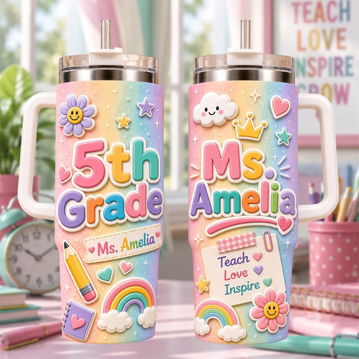 Personalized Grade Teacher Tumbler 40oz, Custom Teacher Name Cup With Handle, Back To School Tumbler, Teacher Appreciation Gift