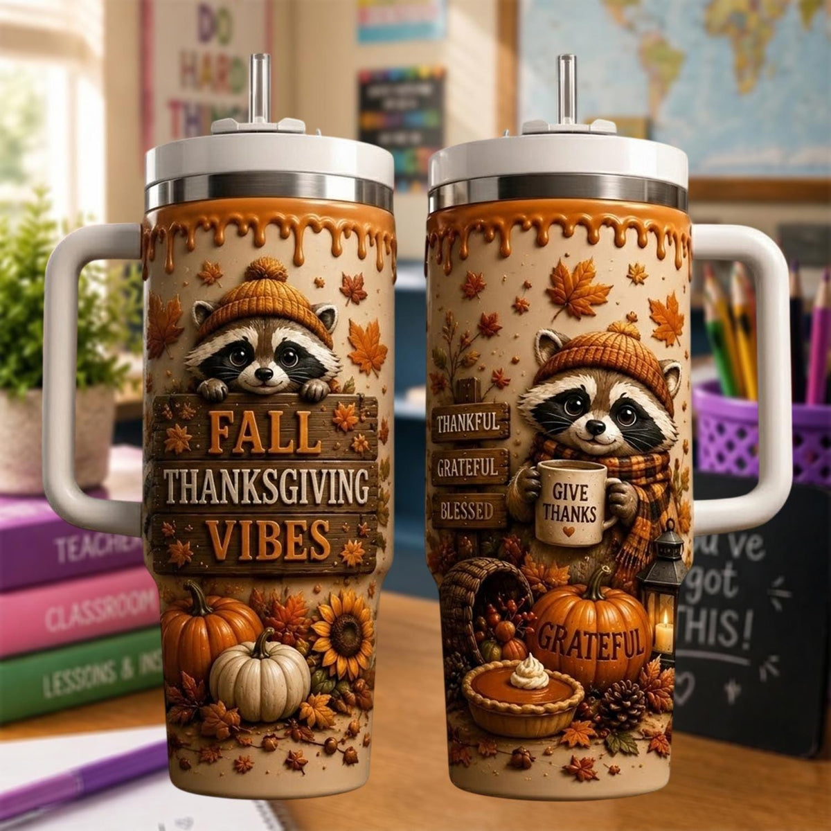 Personalized Thanksgiving Raccoon Tumbler 40oz, Custom Name Cup, Fall Pumpkin Tumbler, Thanksgiving Gift For Raccoon Lovers