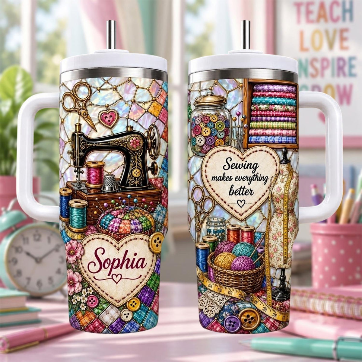 Personalized Sewing Tumbler 40oz, Custom Sewing Name, Quilting Travel Mug, Seamstress Appreciation Gift