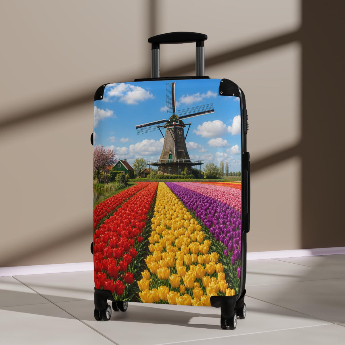 Dutch Tulip Field With Windmill Suitcase | Personalized Hard Shell Luggage