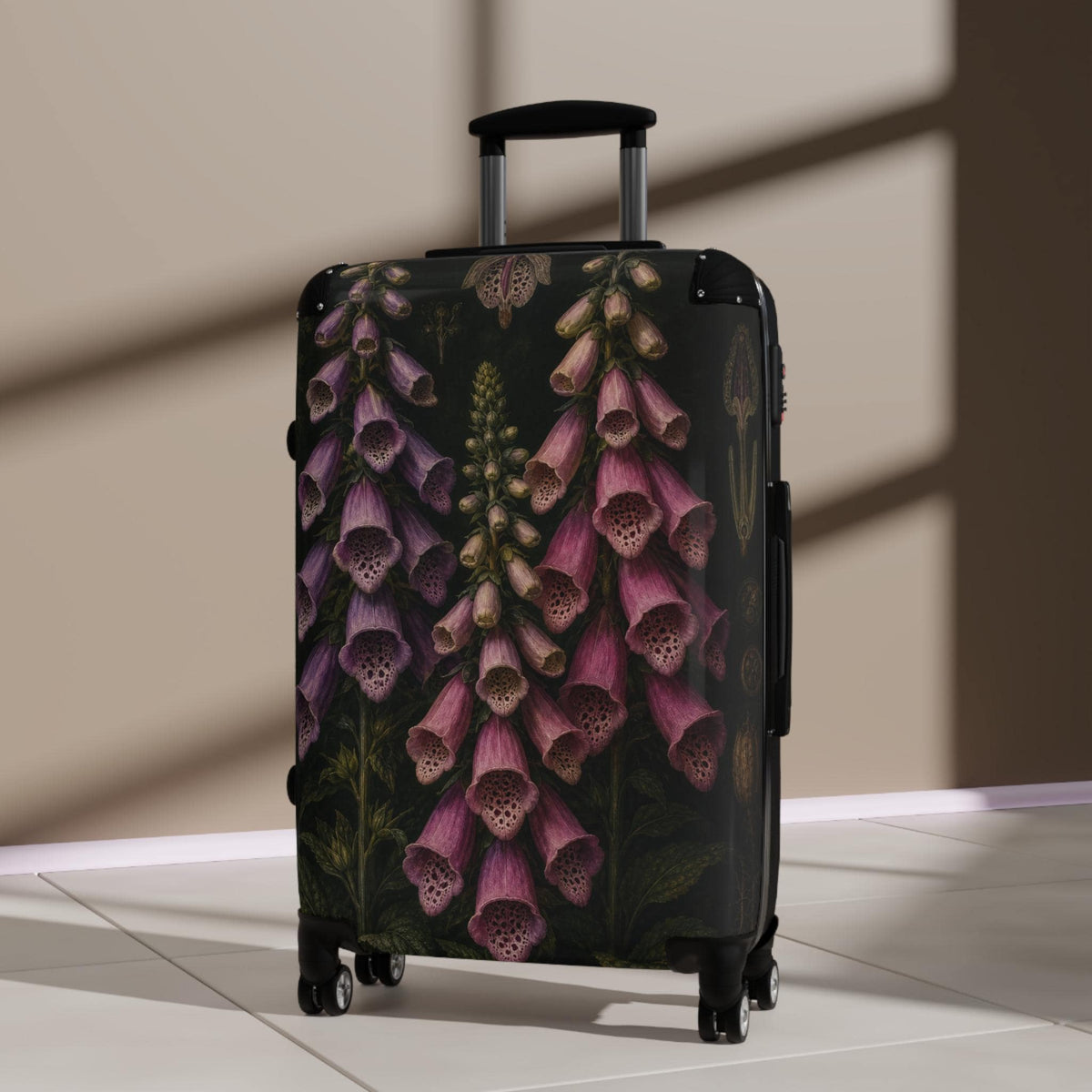 Foxglove Spires On Dark Green Suitcase | Personalized Hard Shell Luggage