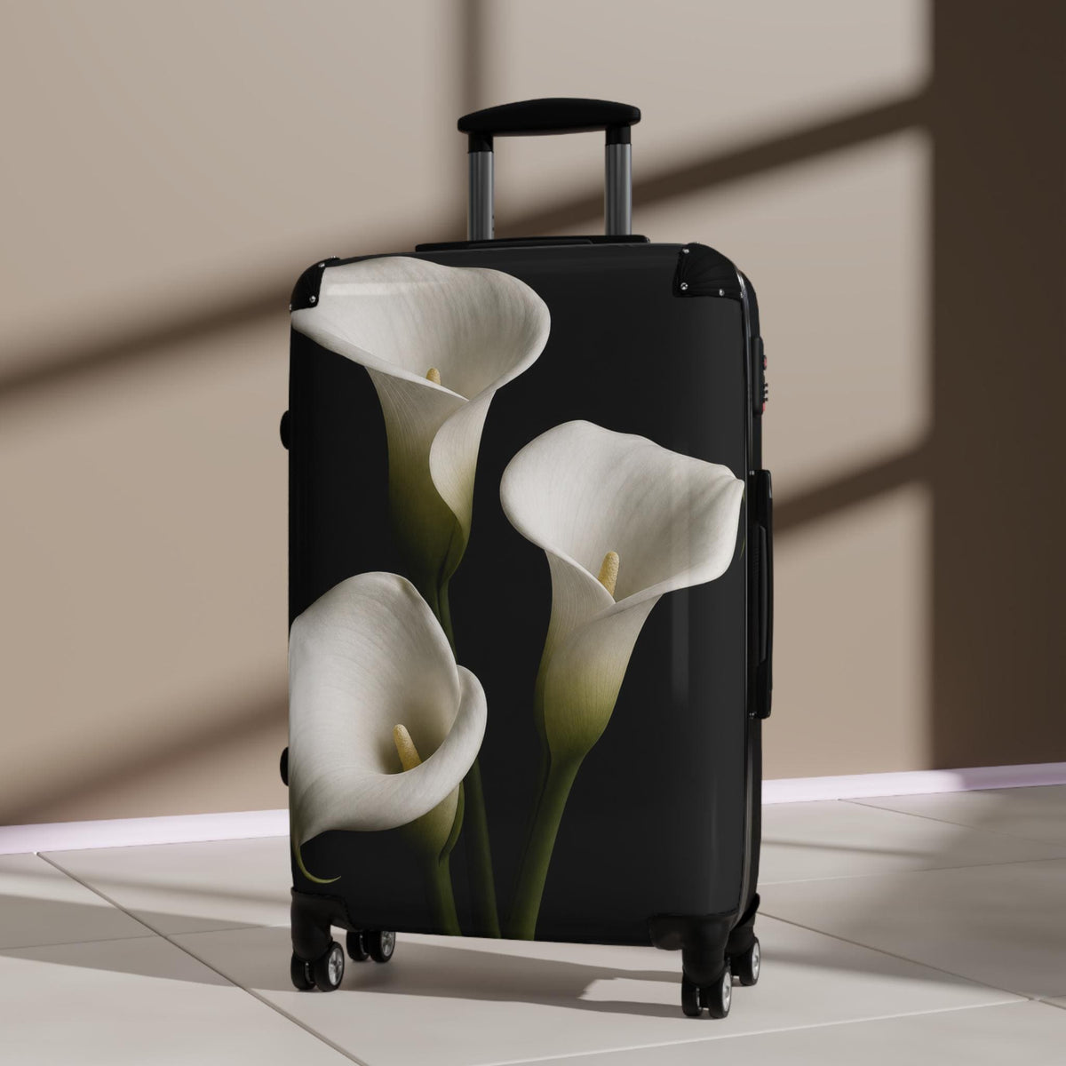 Elegant Calla Lilies On Dark Suitcase | Personalized Hard Shell Luggage