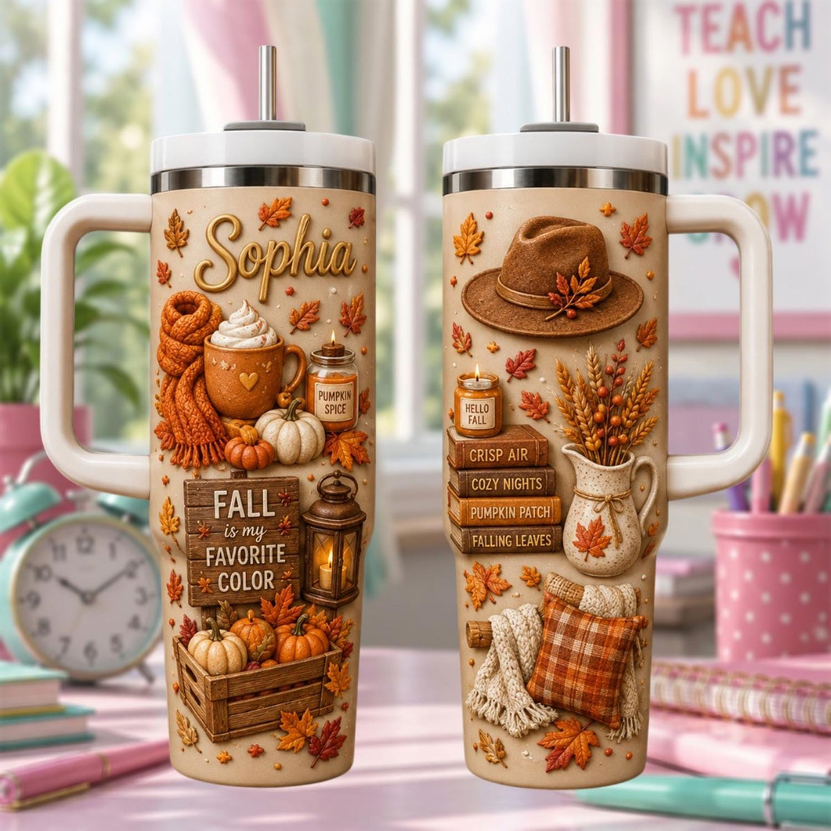 Personalized Fall Tumbler 40oz, Custom Name Fall Cup, Pumpkin Spice Tumbler, Cozy Autumn Gift, Thanksgiving Gift
