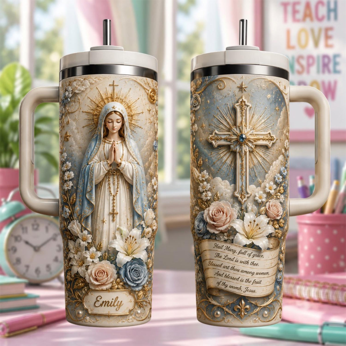 Personalized Religious Tumbler 40oz, Custom Christian Name Cup, Virgin Mary Tumbler, Catholic Prayer Gift