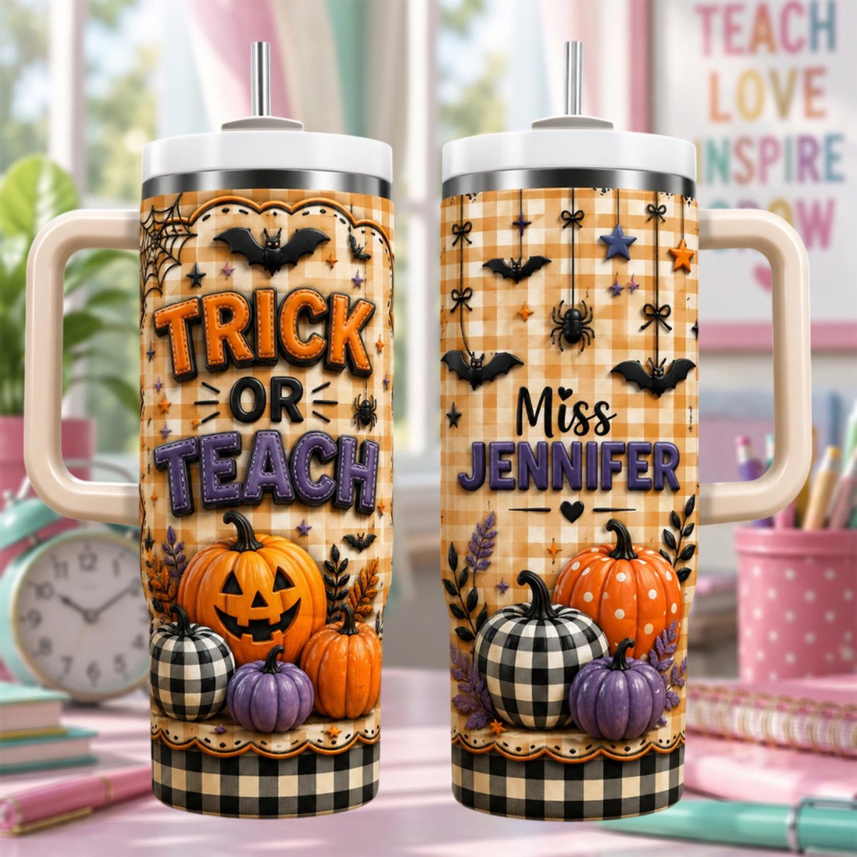 Halloween Teacher Tumbler 40oz, Personalized Teacher Name Cup, Trick Or Teach Tumbler, Fall Teacher Gift