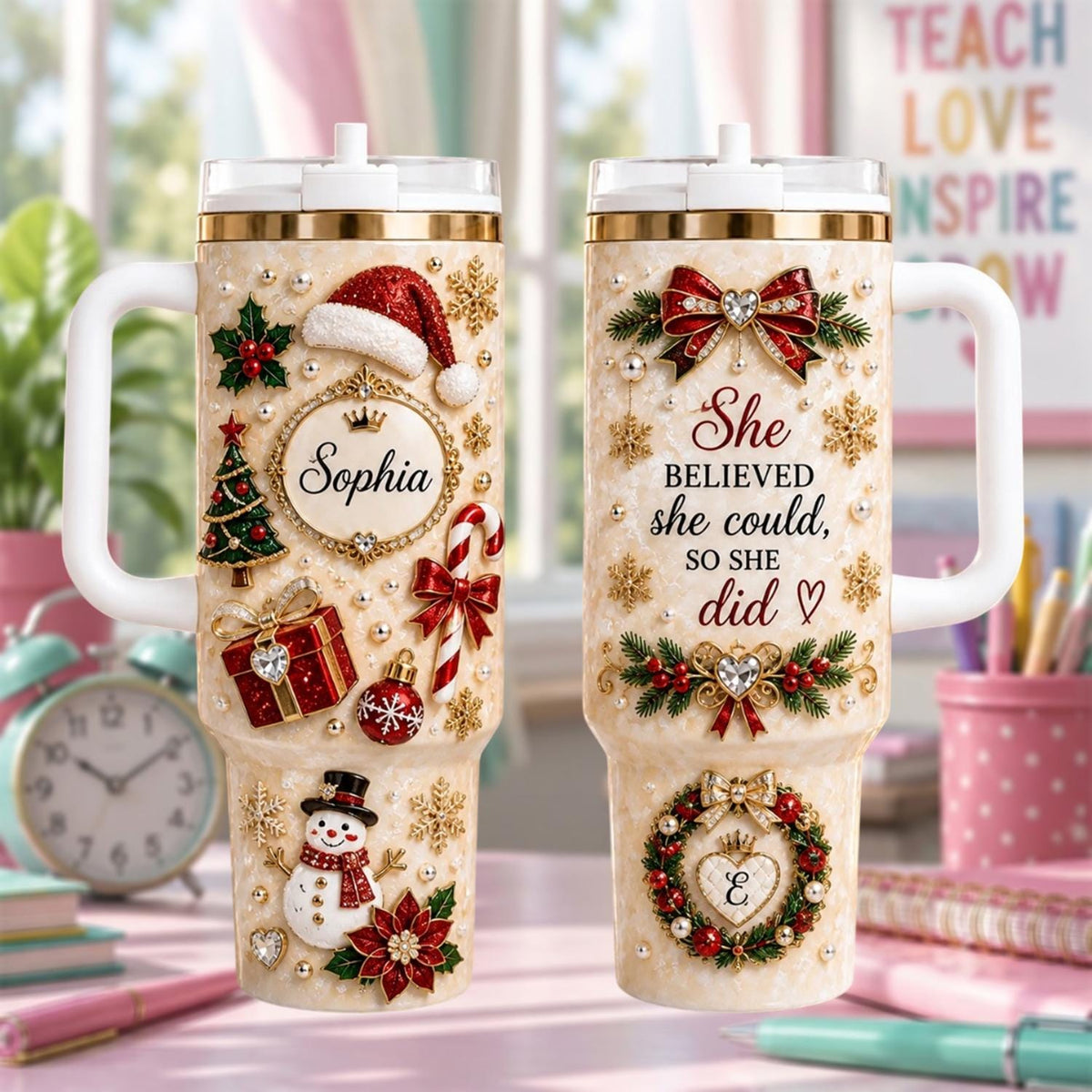 Personalized Christmas Tumbler 40oz, Custom Name Christmas Cup With Handle, Festive Holiday Tumbler