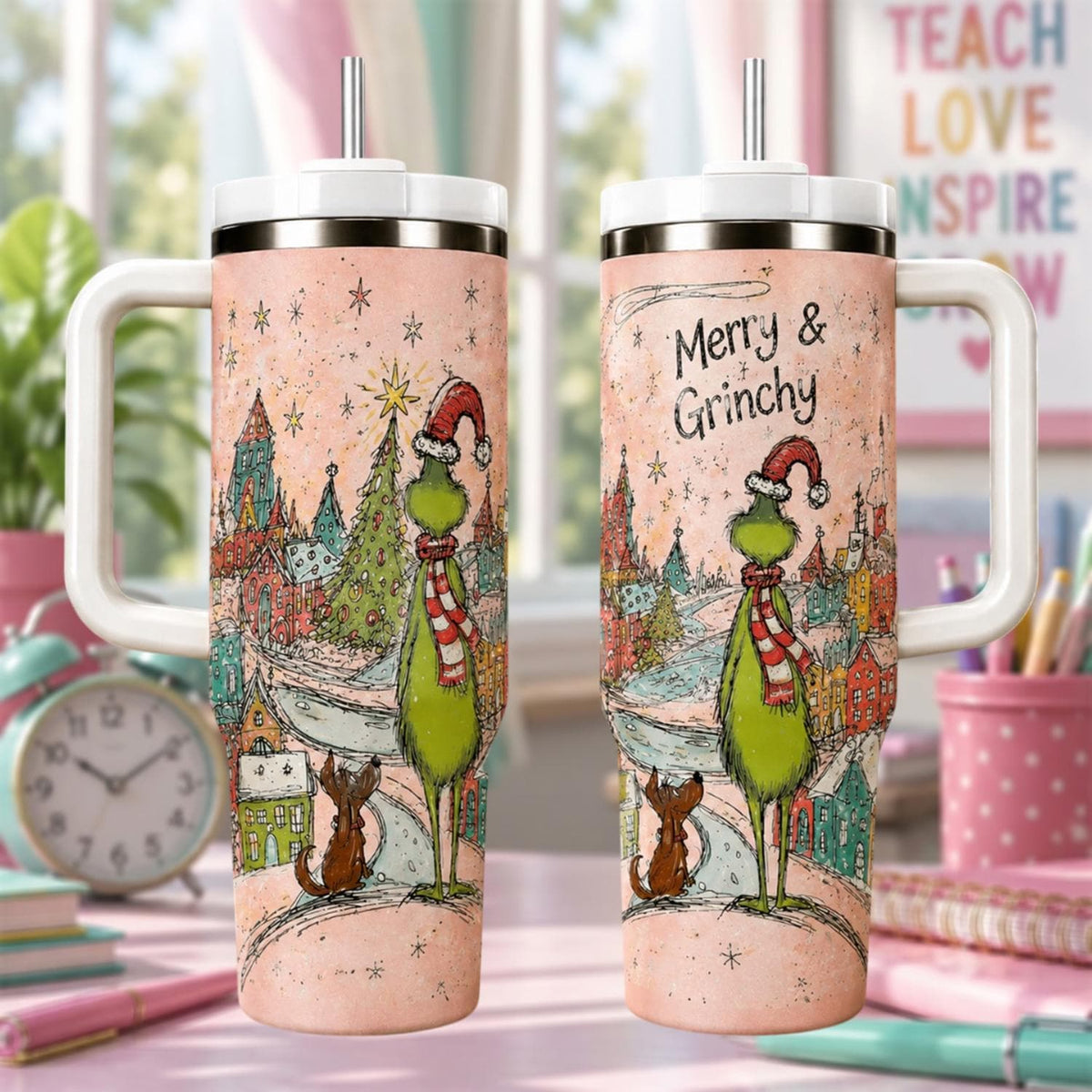Personalized Christmas Tumbler 40oz, Custom Name Grin Tumbler, Merry Grinchmas Holiday Cup, Christmas Gift