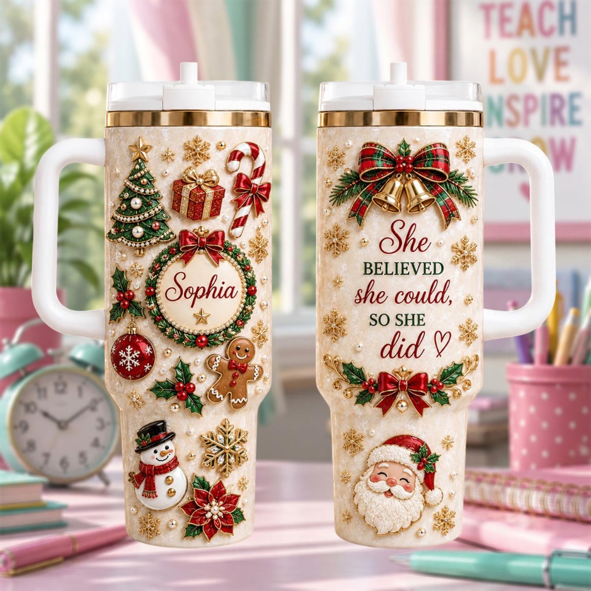 Personalized Christmas Tumbler 40oz, Custom Name Christmas Cup Holiday Gift For Her, Christmas Teacher Gift