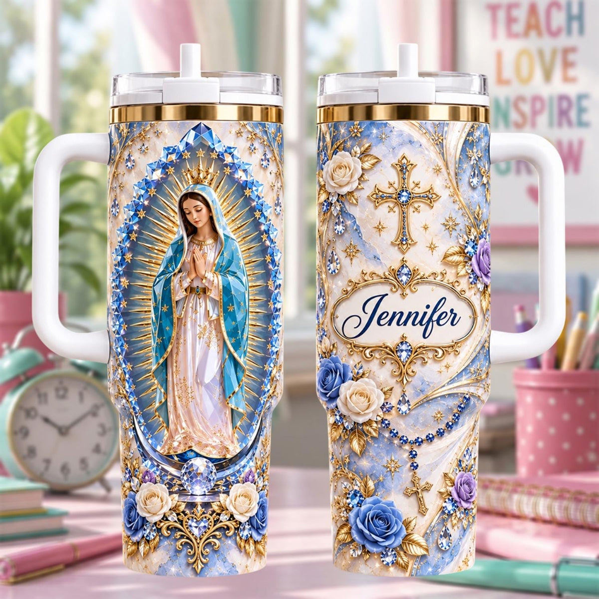 Personalized Religious Tumbler 40oz, Custom Name Catholic Tumbler, Virgin Mary Gift For Her, Christian Travel Mug