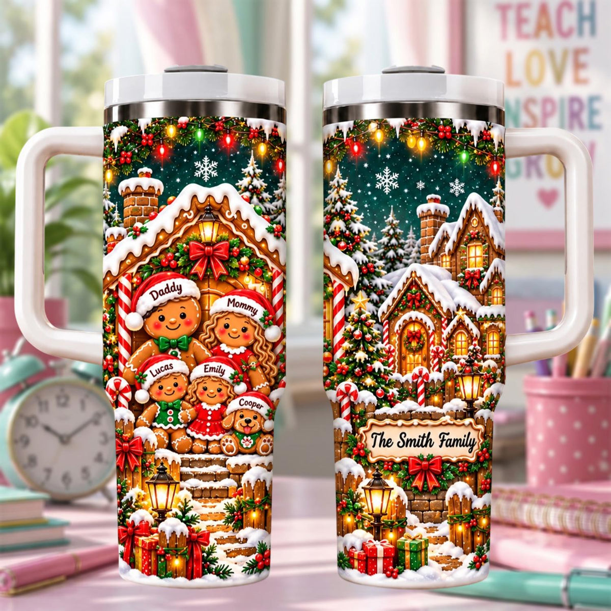 Personalized Gingerbread Christmas Tumbler 40oz, Custom Family Name Cup, Gingerbread Family Christmas Tumbler, Matching Family Gift