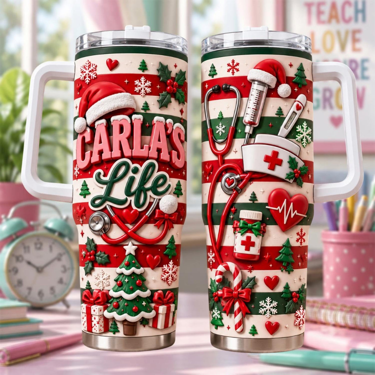 Personalized Nurse Christmas Tumbler 40oz, Custom Name Cup, Christmas Nurse Tumbler, Medical Worker Gift, Nurse Appreciation Gift