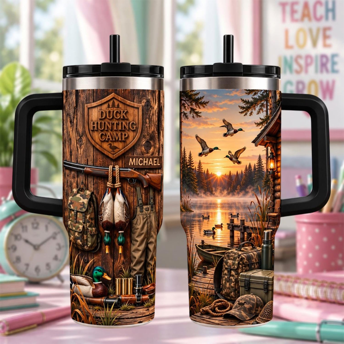Personalized Duck Hunting Tumbler 40oz, Custom Name Cup With Handle, Duck Hunter Drinkware, Hunting Gift