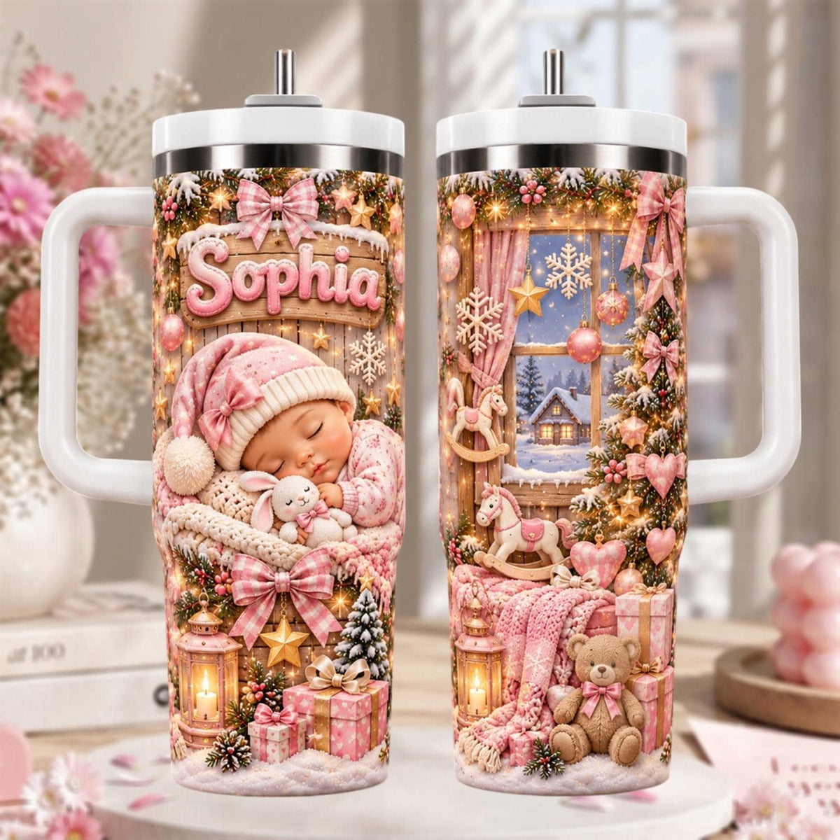 Personalized Baby Christmas Tumbler 40oz, Custom Boy Or Girl Cup, Cute Winter Gift For Mom Dad