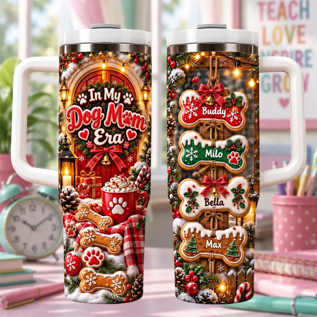 Personalized Dog Mom Tumbler 40oz, Custom Dog Name Cup, Christmas Dog Mom Tumbler, Cute Pet Lover Gift For Women