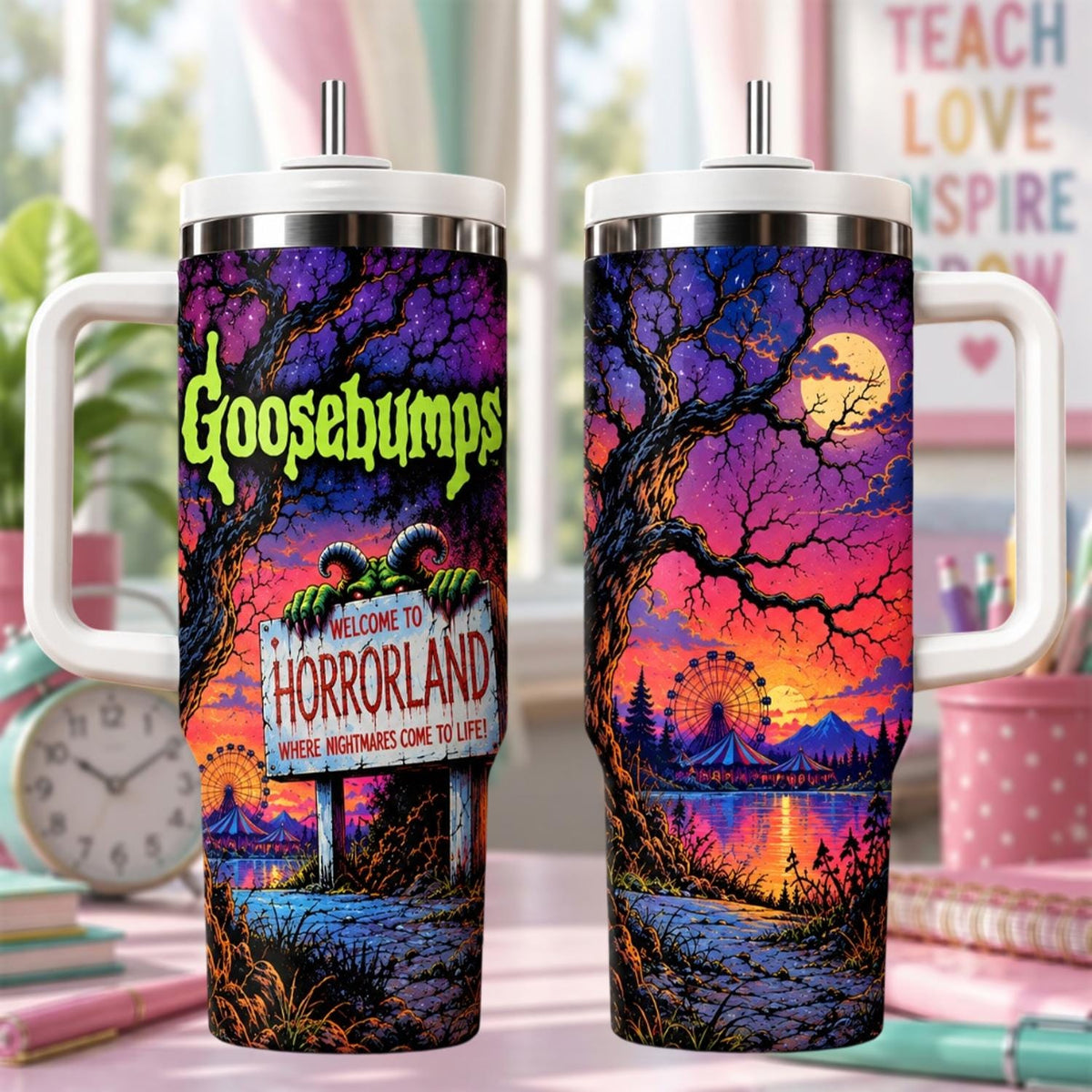 Personalized Goose-bumps Tumbler 40oz, Custom Name Horror Tumbler With Handle, Spooky Halloween Cup, Horror Gift For Fans