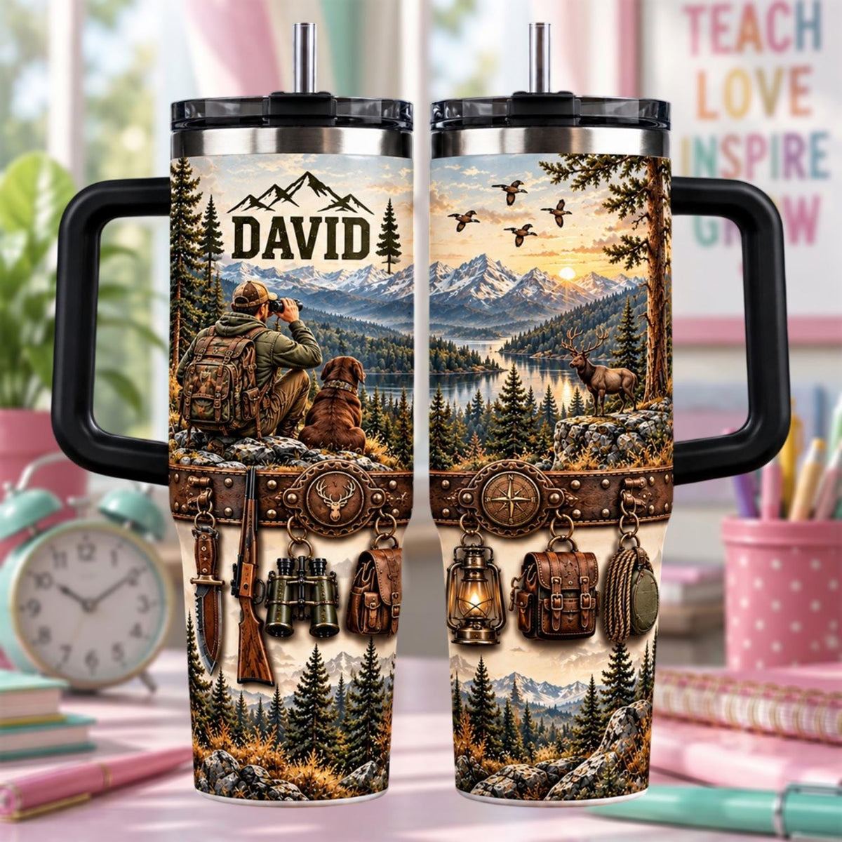 Personalized Hunting Tumbler 40oz, Custom Name Cup With Handle, Mountain Hunting Tumbler, Hunter Gift