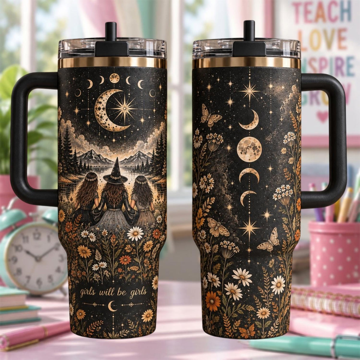Witch Girls Will Be Girls Tumbler 40oz, Halloween Tumbler Cup, Moon Phase Travel Tumbler, Witchy Gothic Drinkware
