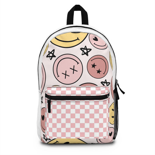 Pastel Pink Checkered Smiley face with stars and X eyes Backpack  | Cute Checkered School Bag w/Star| Lightweight & Durable | Laptop pouch
