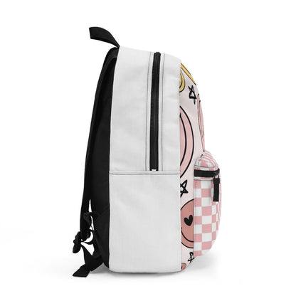 Pastel Pink Checkered Smiley face with stars and X eyes Backpack  | Cute Checkered School Bag w/Star| Lightweight & Durable | Laptop pouch