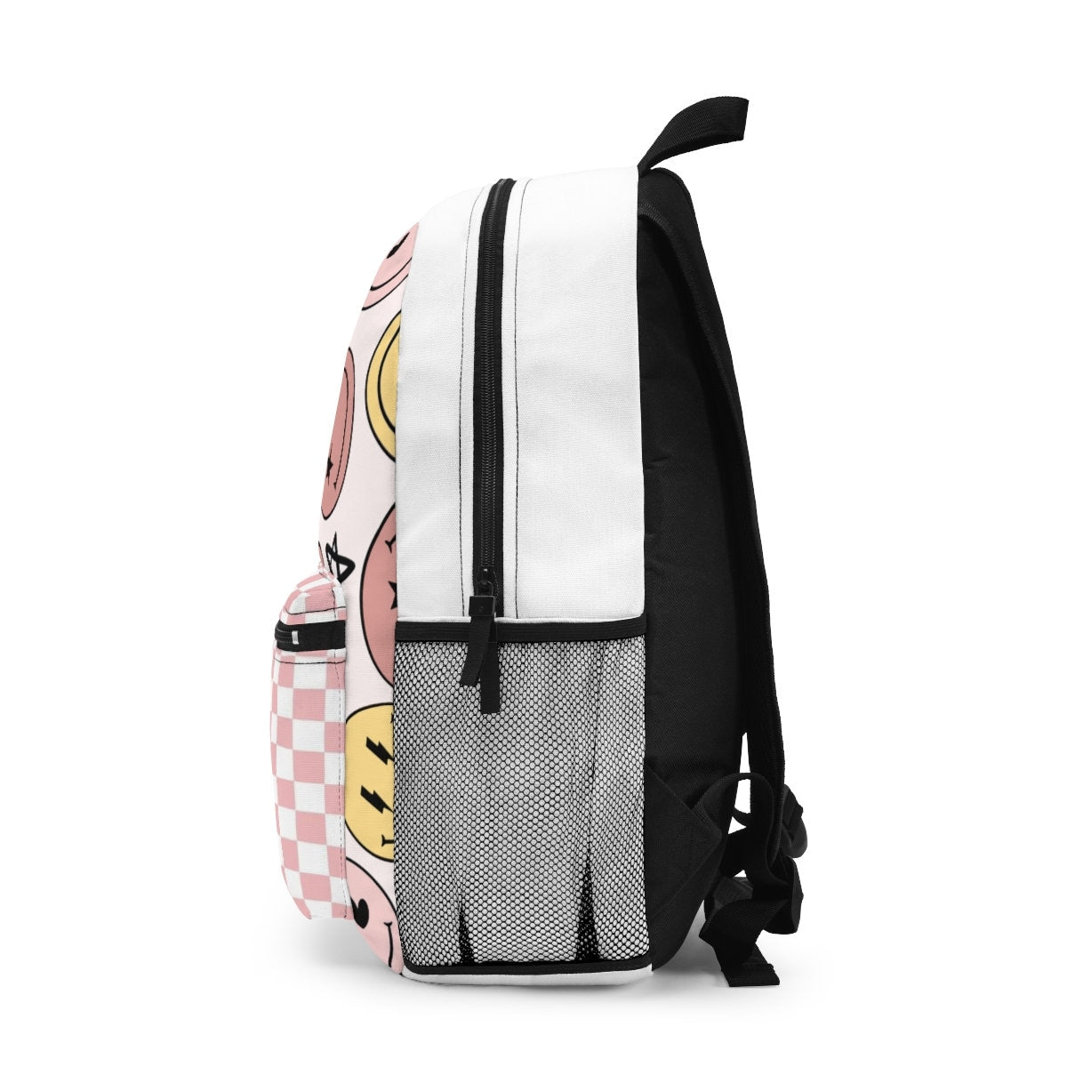 Pastel Pink Checkered Smiley face with stars and X eyes Backpack  | Cute Checkered School Bag w/Star| Lightweight & Durable | Laptop pouch