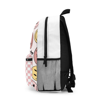 Pastel Pink Checkered Smiley face with stars and X eyes Backpack  | Cute Checkered School Bag w/Star| Lightweight & Durable | Laptop pouch