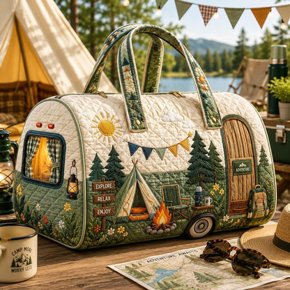 Quilted Camping Weekender Duffel — Adventure Forest Cabin Overnight Travel Bag