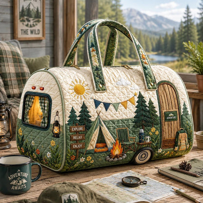 Quilted Camping Weekender Duffel — Adventure Forest Cabin Overnight Travel Bag
