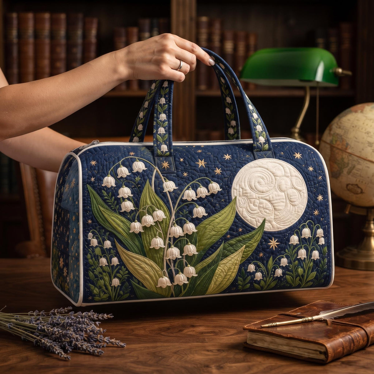 Quilted Weekender Bag, Travel Duffel Bag, Overnight Travel Tote, Floral Moon Night Bag, Lily Of The Valley Print, Gift 2026, Boho Travel Bag
