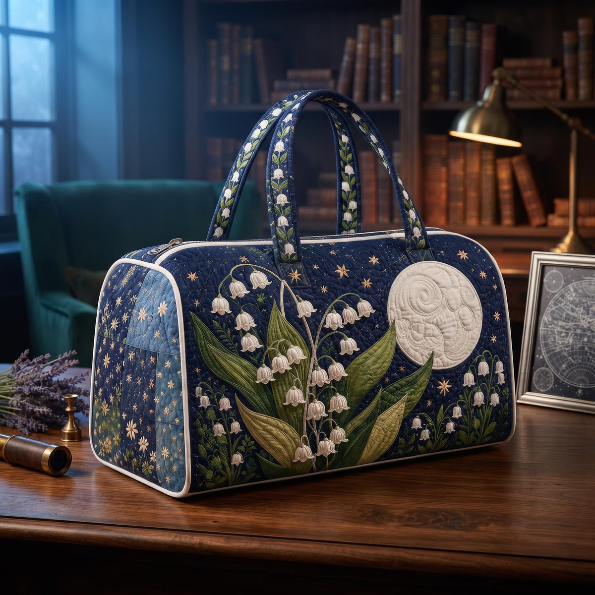 Quilted Weekender Bag, Travel Duffel Bag, Overnight Travel Tote, Floral Moon Night Bag, Lily Of The Valley Print, Gift 2026, Boho Travel Bag
