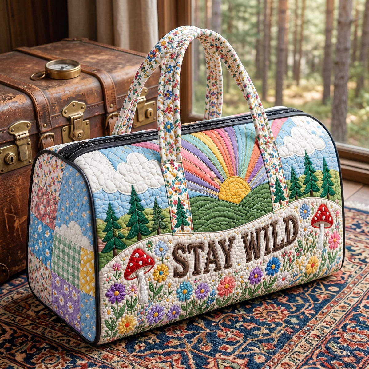 Quilted Weekender Bag, Travel Duffel Bag, Overnight Tote Bag, Floral Boho Bag, Rainbow Mushroom Bag, Stay Wild Bag, Gift 2026, Travel Bag