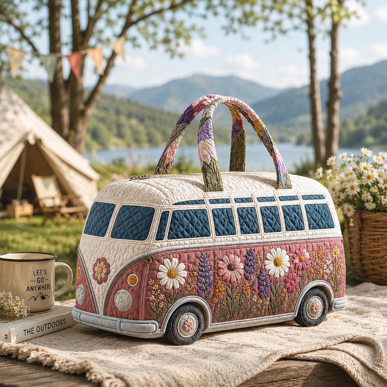 Camper Van Quilted Travel Tote — Floral Lake Trip Carryall Bag
