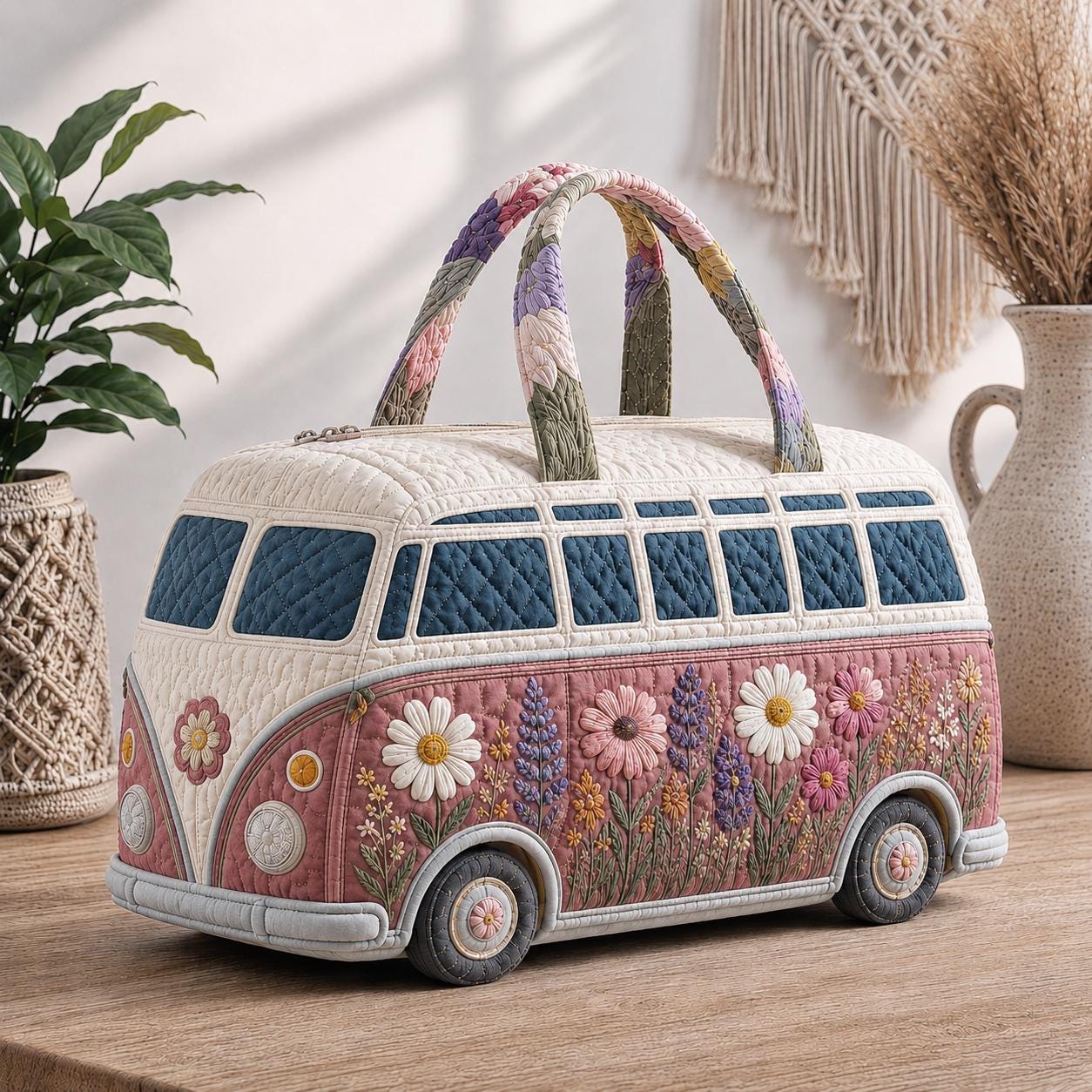 Camper Van Quilted Travel Tote — Floral Lake Trip Carryall Bag