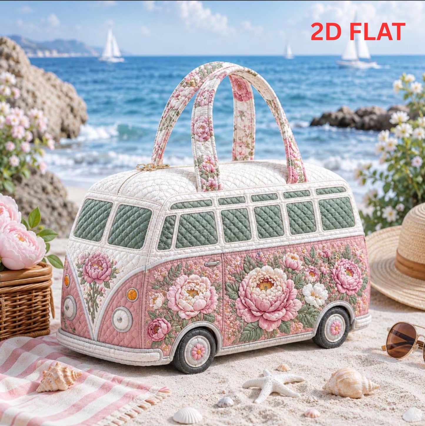 Floral Beach Quilted Weekender Tote — Pink Camper Van Travel Bag