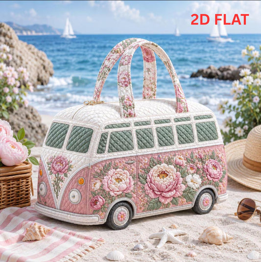 Floral Beach Quilted Weekender Tote — Pink Camper Van Travel Bag