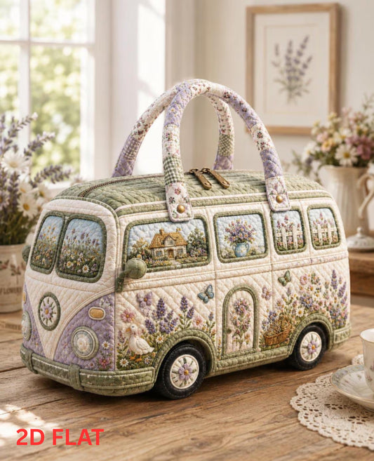 Floral Camper Van Quilted Tote Bag — Cottagecore Wildflower Travel Handbag