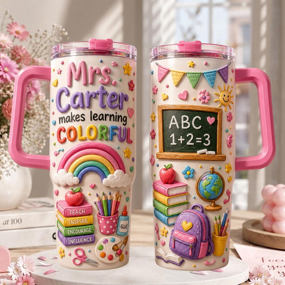 Personalized Teacher 3d Effect Tumbler 40oz, Custom Teacher Name Cup With Handle, Rainbow School Tumbler, Teacher Appreciation Gift