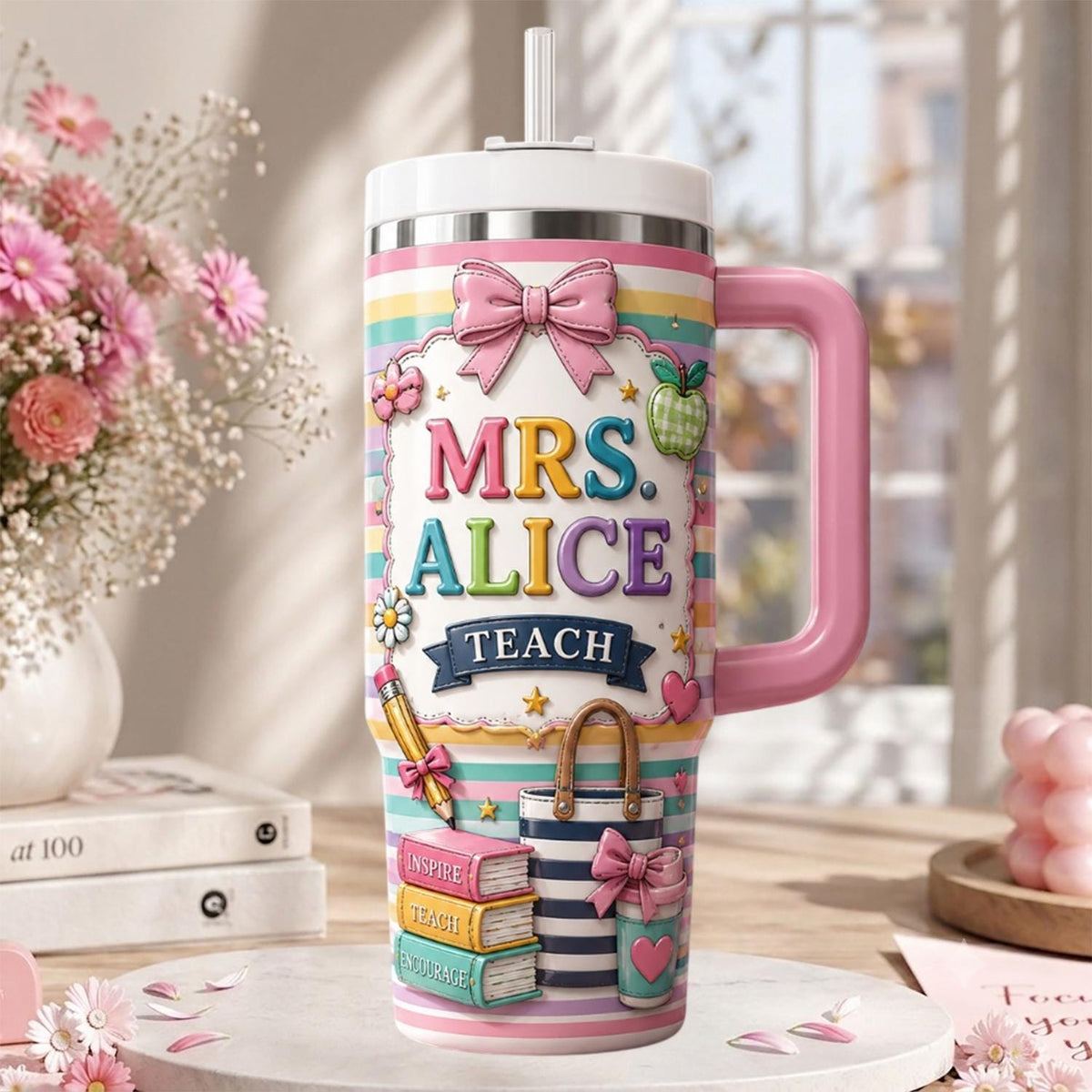 Personalized Teacher Tumbler 40oz, Custom Teacher Name Cup With Handle, Back To School Gift, Teacher Appreciation Tumbler