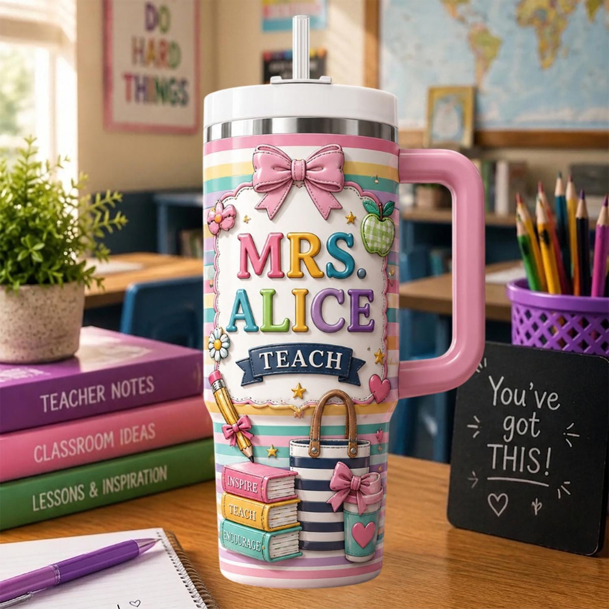 Personalized Teacher Tumbler 40oz, Custom Teacher Name Cup With Handle, Back To School Gift, Teacher Appreciation Tumbler
