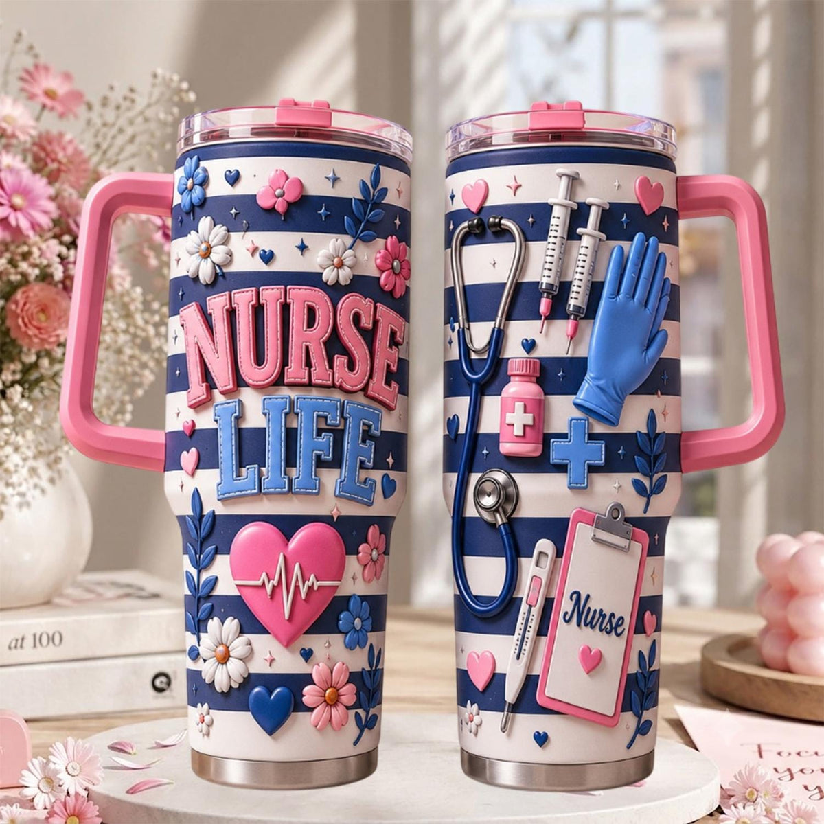 Nurse Life Tumbler 40oz, Personalized Nurse Cup With Handle, Custom Rn Travel Mug, Nurse Appreciation Gift For Healthcare Workers
