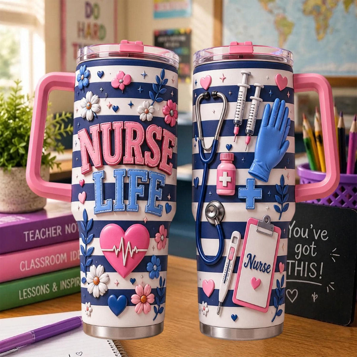 Nurse Life Tumbler 40oz, Personalized Nurse Cup With Handle, Custom Rn Travel Mug, Nurse Appreciation Gift For Healthcare Workers