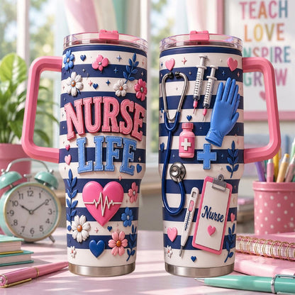 Nurse Life Tumbler 40oz, Personalized Nurse Cup With Handle, Custom Rn Travel Mug, Nurse Appreciation Gift For Healthcare Workers