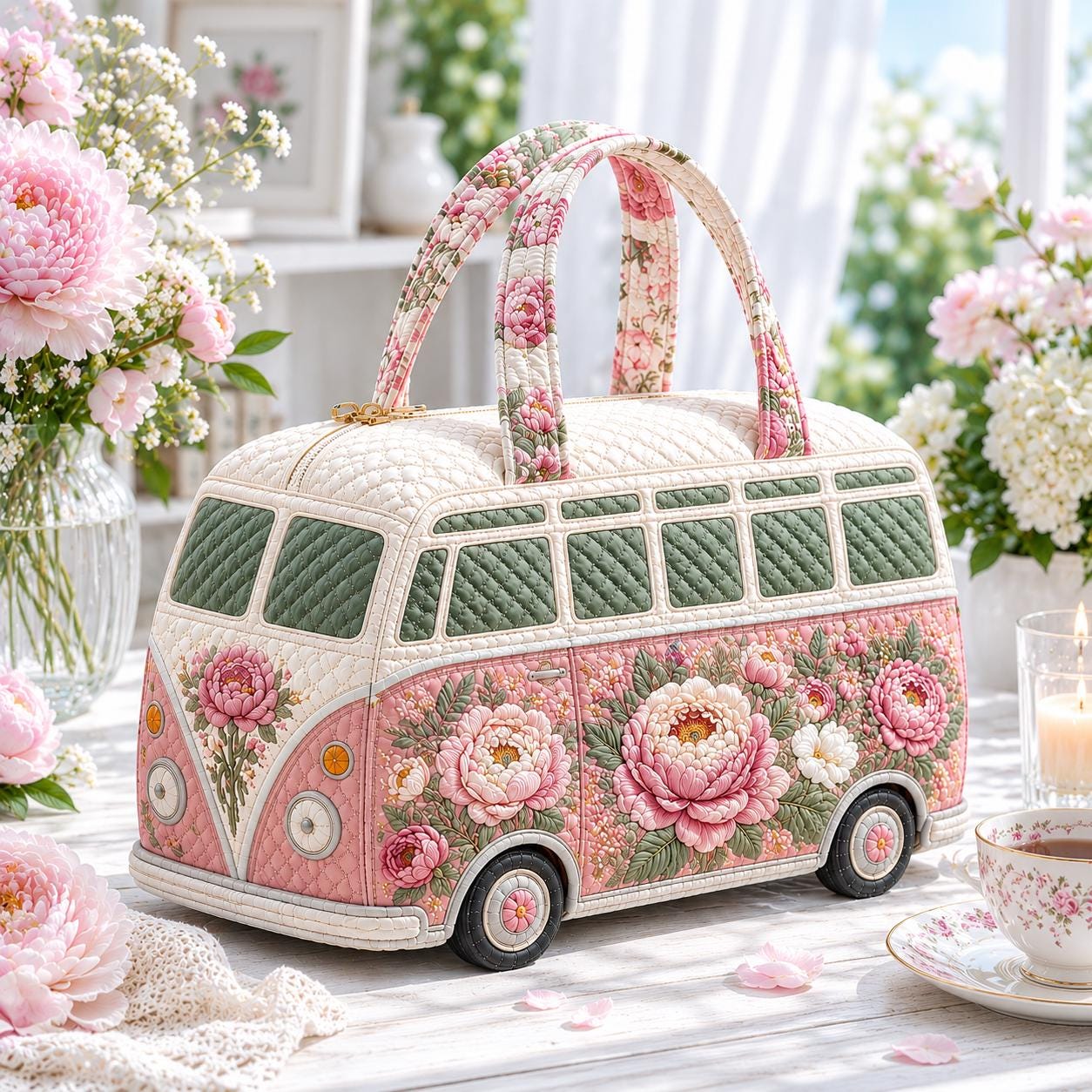Floral Beach Quilted Weekender Tote — Pink Camper Van Travel Bag