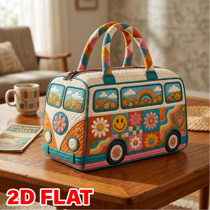 Retro Flower Power Quilted Weekend Bag — Groovy Camper Rainbow Travel Duffel