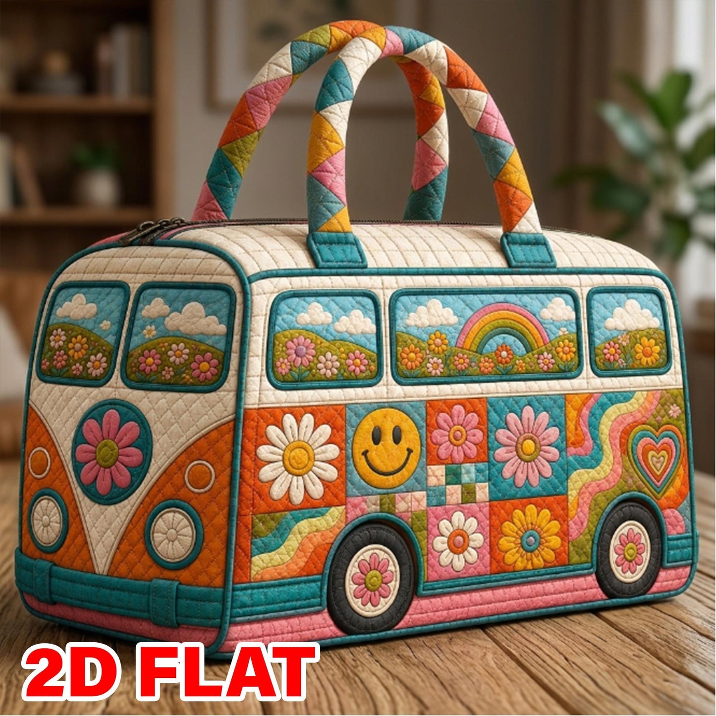 Retro Flower Power Quilted Weekend Bag — Groovy Camper Rainbow Travel Duffel