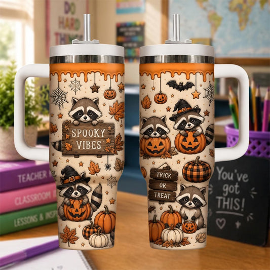 Personalized Halloween Raccoon Tumbler 40oz, Custom Spooky Vibes Cup With Handle, Trick Or Treat Tumbler, Fall Autumn Coffee Mug