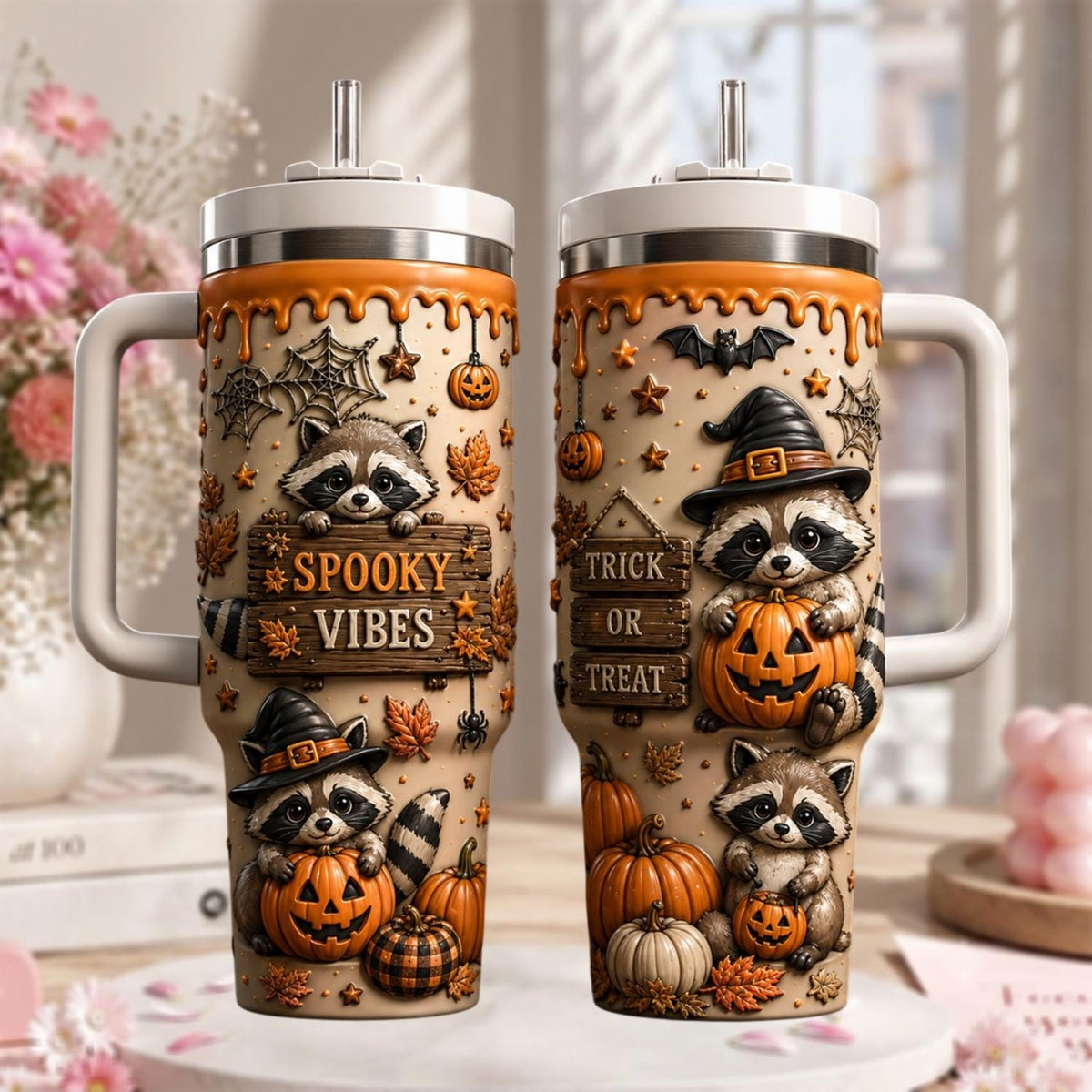 Personalized Halloween Raccoon Tumbler 40oz, Custom Spooky Vibes Cup With Handle, Pumpkin Raccoon Tumbler, Trick Or Treat Gift