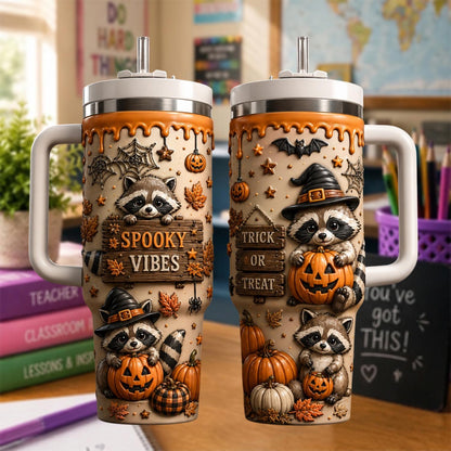 Personalized Halloween Raccoon Tumbler 40oz, Custom Spooky Vibes Cup With Handle, Pumpkin Raccoon Tumbler, Trick Or Treat Gift