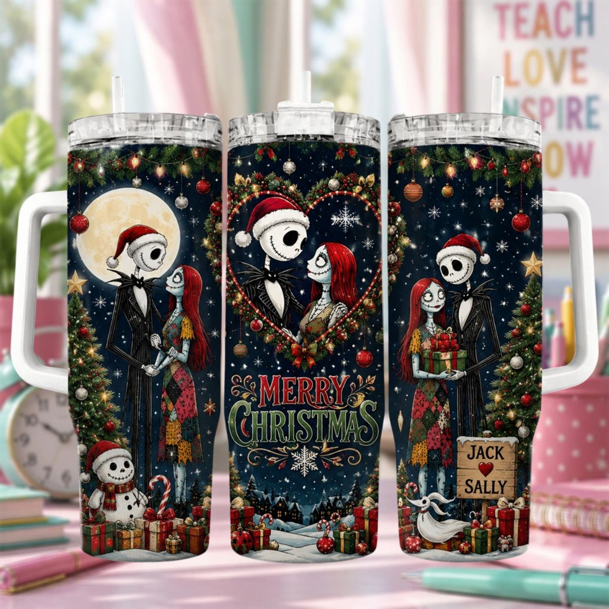 Personalized Horror Couple Tumbler 40oz, Custom Christmas Couple Cup With Handle, Merry Christmas Tumbler, Nightmare Holiday Gift