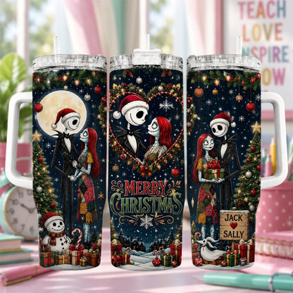 Personalized Horror Couple Tumbler 40oz, Custom Christmas Couple Cup With Handle, Merry Christmas Tumbler, Nightmare Holiday Gift